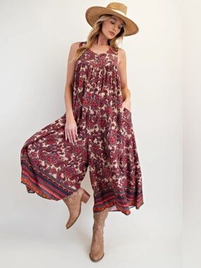 NWT: Easel Mixed Boho Paisley Print Wide-Leg Jumpsuit in Burgundy